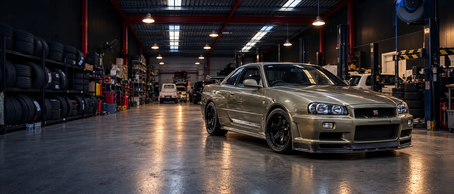 Nissan Skyline R34 in an AI-rendered workshop setting, based on an owner vehicle photograph
