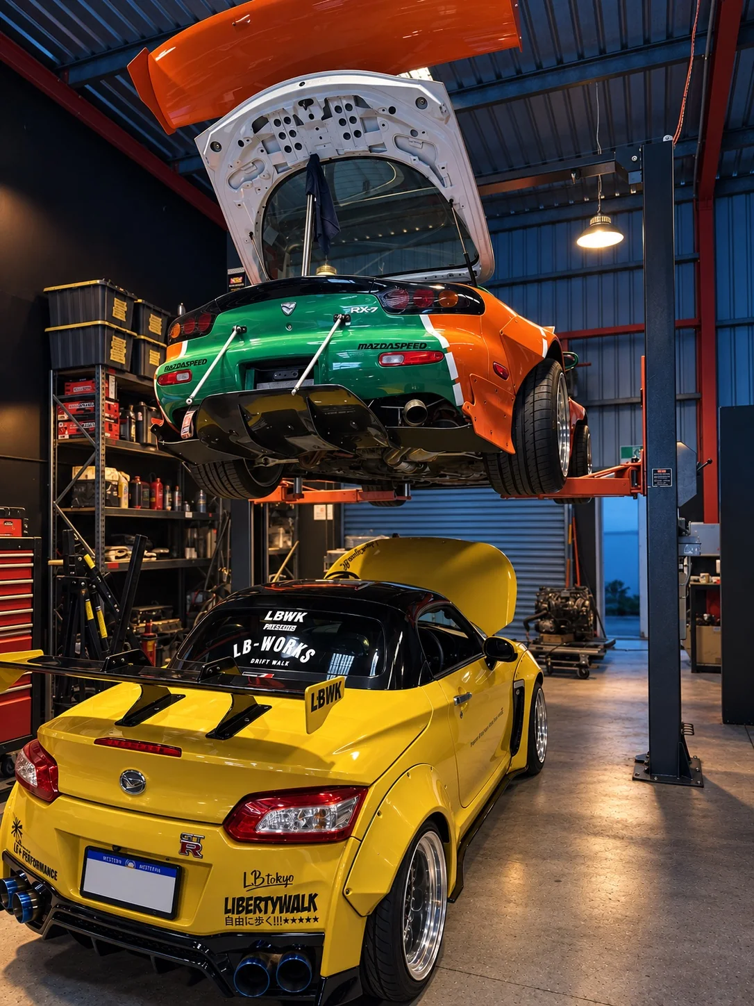 Mazda RX-7 on a lift in the IVS workshop