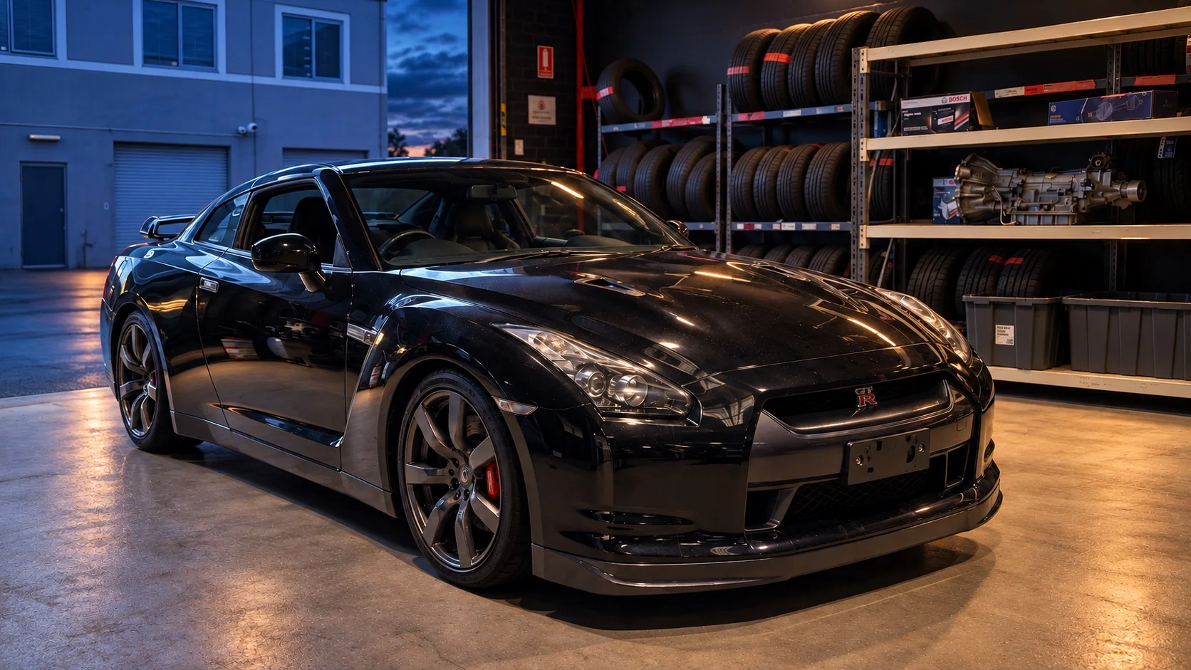 Nissan GT-R beside parts shelving inside IVS Workshop