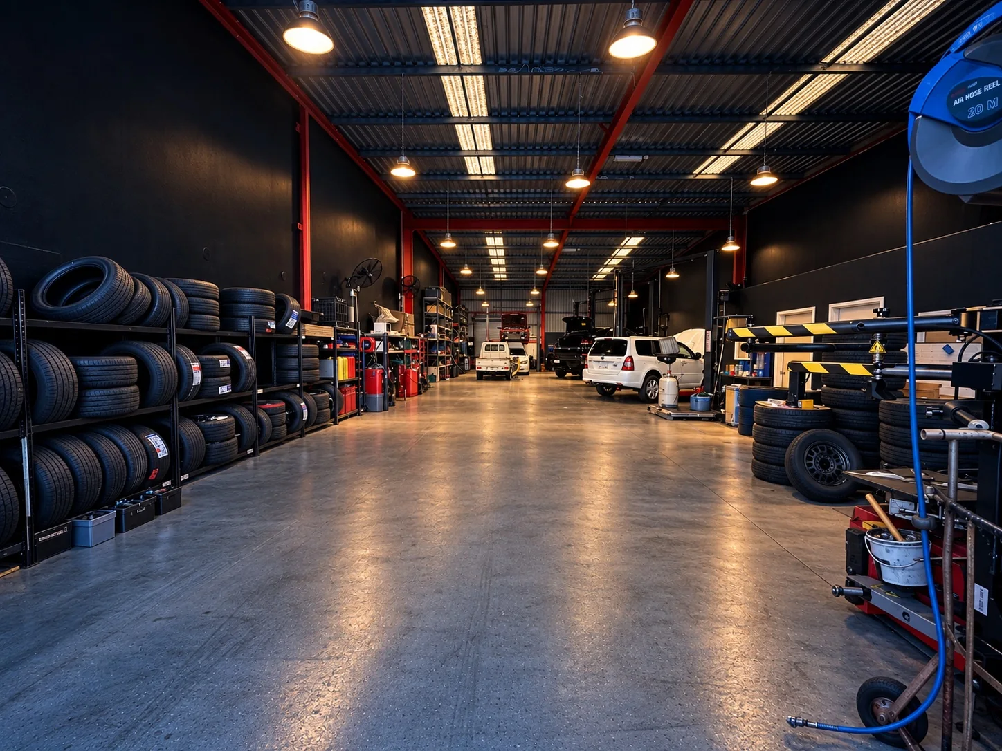 IVS Workshop interior with vehicle lifts and red steel beams